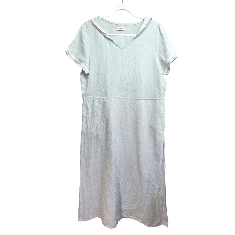 Vtg Sparrow All Linen Midi Dress Womens 3 Sailor Collar Coastal Pockets USA Blue
